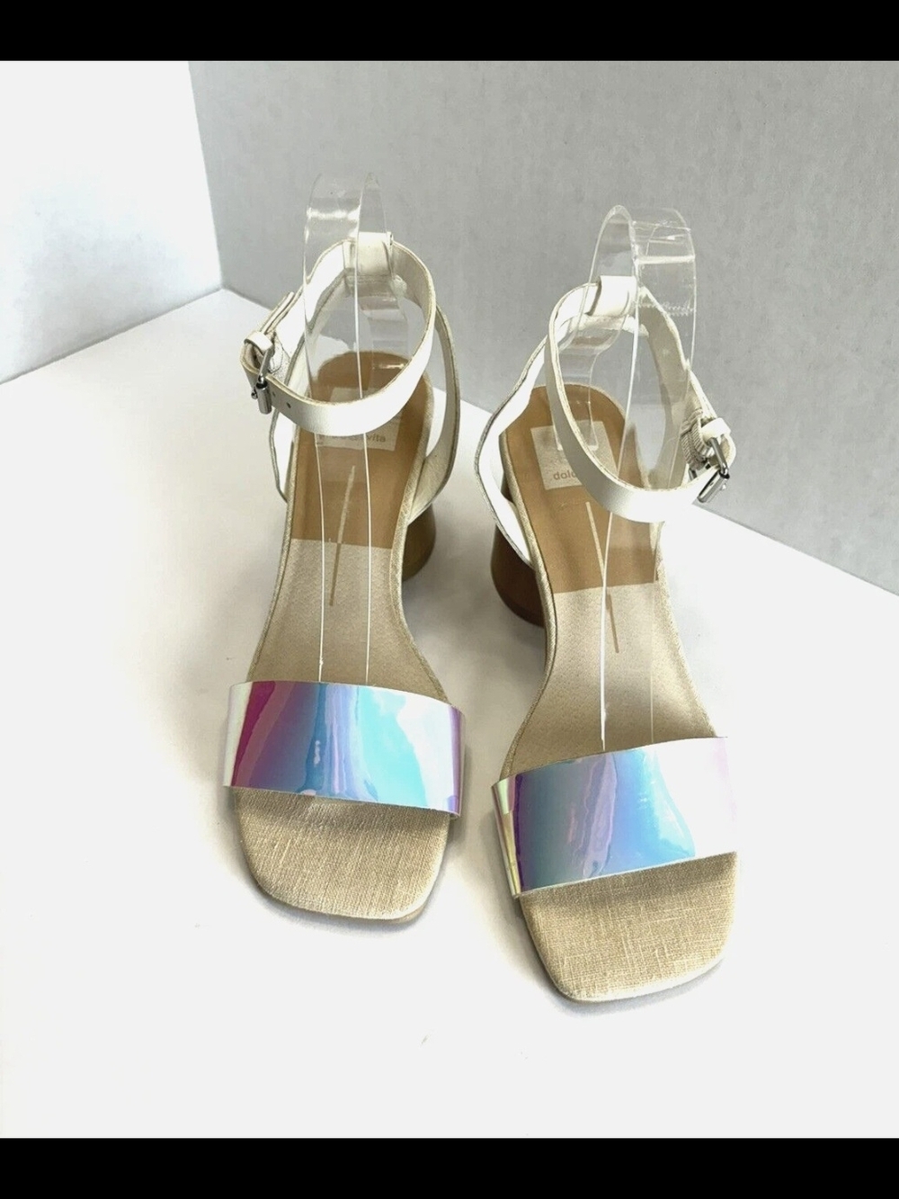 Dolce Vita White Ankle Strap Sandals with Iridescent Front Band 8